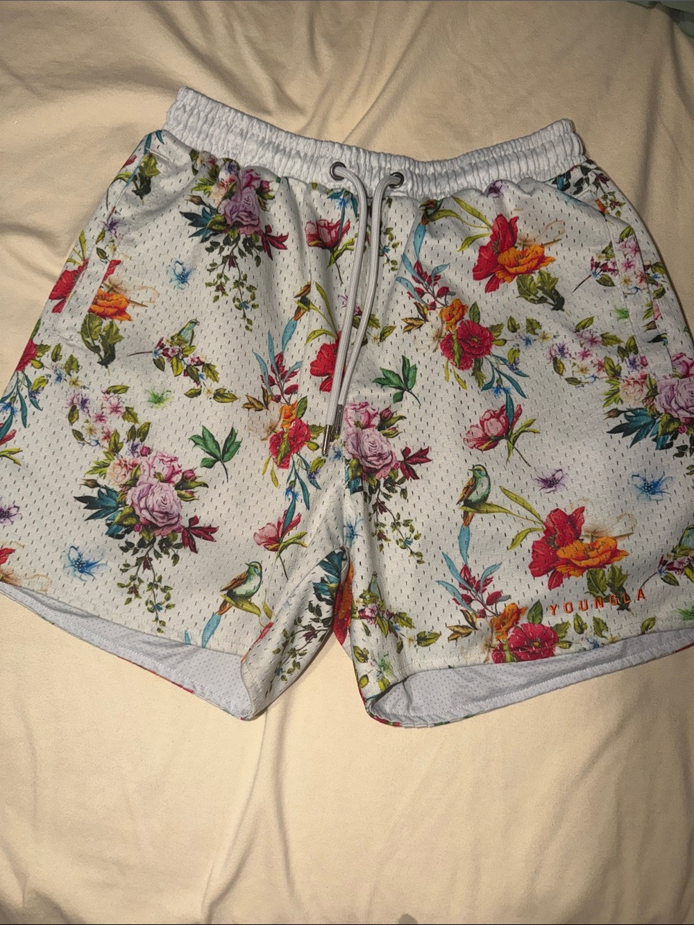 YoungLA White Floral Mesh Shorts with Multicolor Flowers